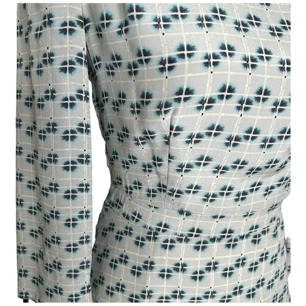 Reiss Giselle Watercolor Three-Quarter Sleeve Blue Geo Print Silk Dress Size 4